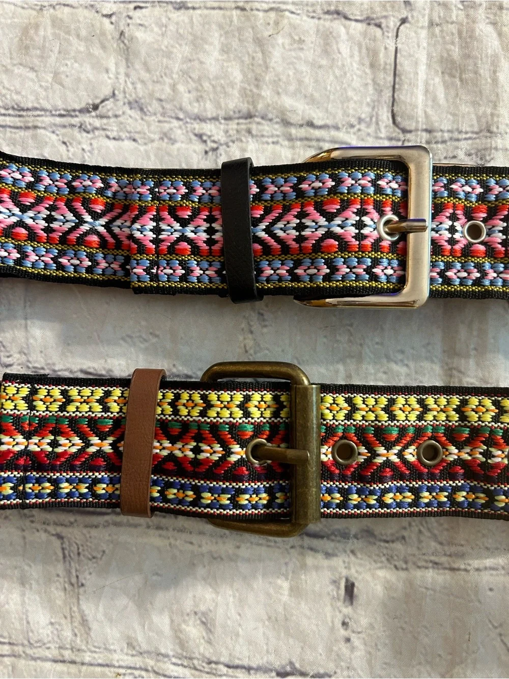 BOHO AZTEC WESTERN MULTI COLORED FABRIC VEGAN BLACK & BROWN (2) BELTS SIZE 1X